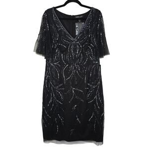 Papell Studio Dress Womens 14 Black Beaded Tulle Party 1920s Gatsby Wedding Gala